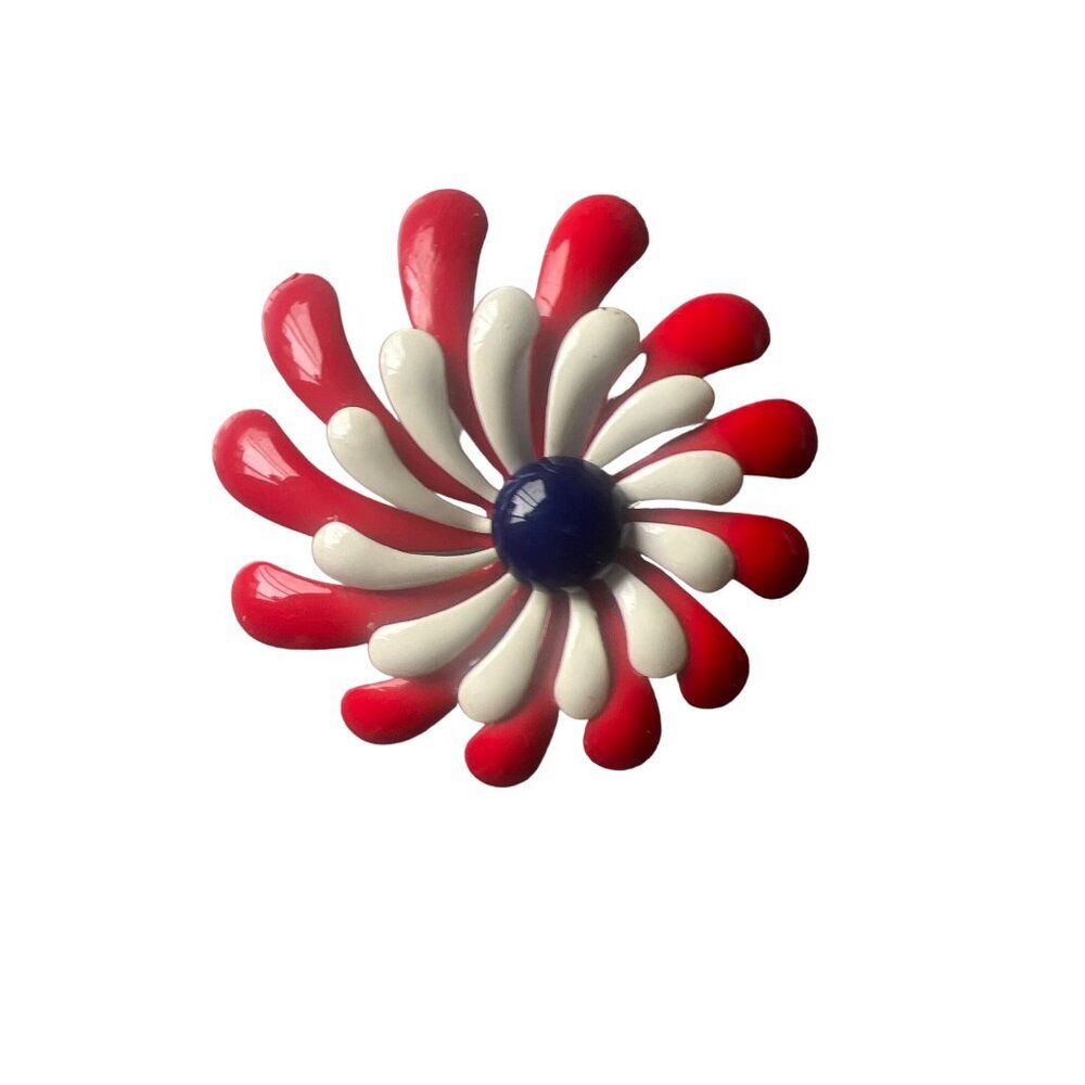 Vintage Flower Power Brooch Red White Blue Patriotic 3”